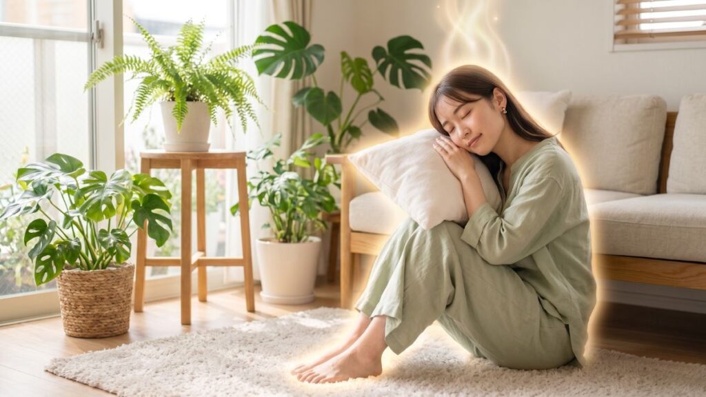 疲れを感じて休んでいる女性と、癒やしの光（レイキ）のイメージ