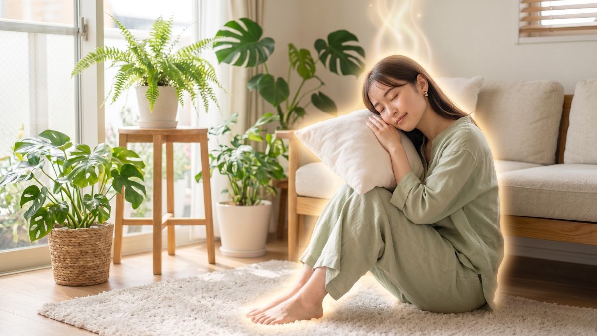 疲れを感じて休んでいる女性と、癒やしの光（レイキ）のイメージ