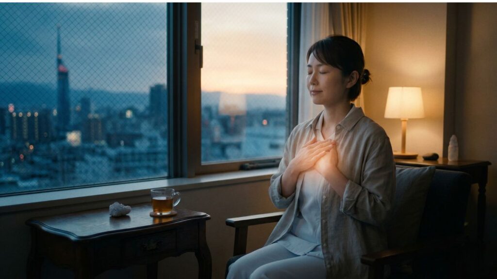 福岡でレイキヒーリングを受け、疲れを癒やし自分自身と向き合う看護師の女性