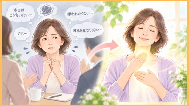 言いたいことを我慢する女性とのどに手を当ててレイキをする女性