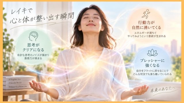 レイキで心と体が整い、思考や行動力が前向きに変化するイメージ