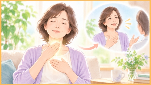 のどと胸に手を当ててレイキのセルフヒーリングをして、自分を表現できている